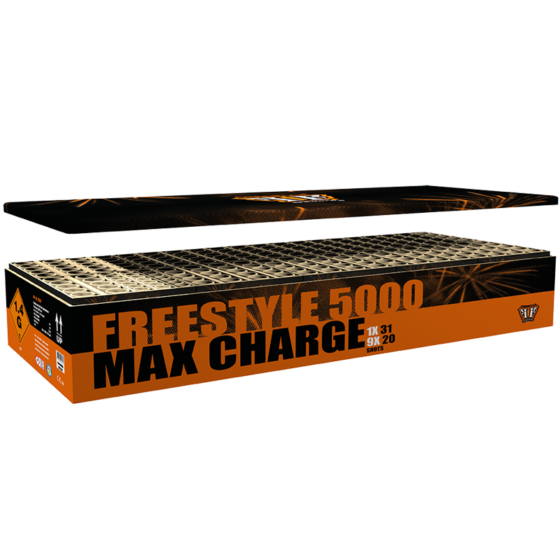 Palletvoordeel 1 - FF 5000 Max Charge Box + Volt! 1.2" Glitter Willow 2 Colorz + 2x X-treme Crackling Sky (7.5 kg kruit)